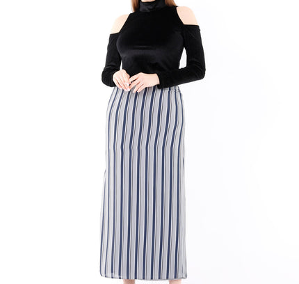 Striped Grey Maxi Pencil Skirt with White Thin Plisse Slit - G - Line