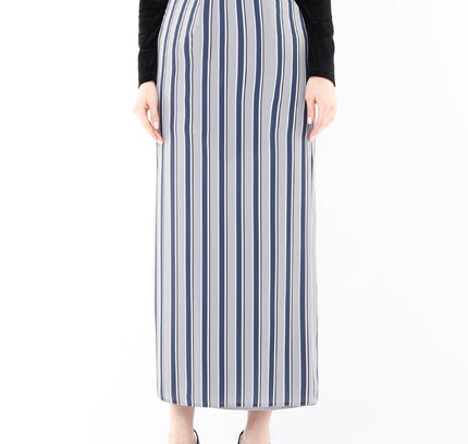 Striped Grey Maxi Pencil Skirt with White Thin Plisse Slit - G - Line