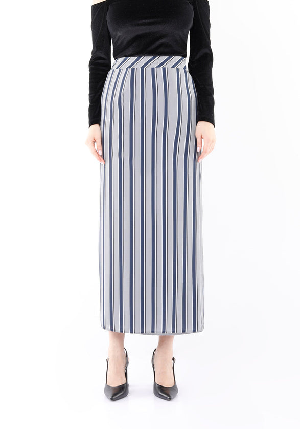 Striped Grey Maxi Pencil Skirt with White Thin Plisse Slit - G - Line