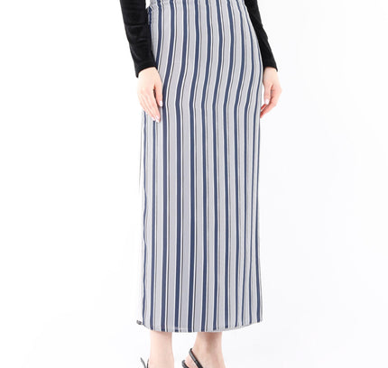 Striped Grey Maxi Pencil Skirt with White Thin Plisse Slit - G - Line