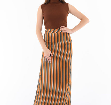 Striped Mustard Maxi Pencil Skirt with White Thin Plisse Slit - G - Line