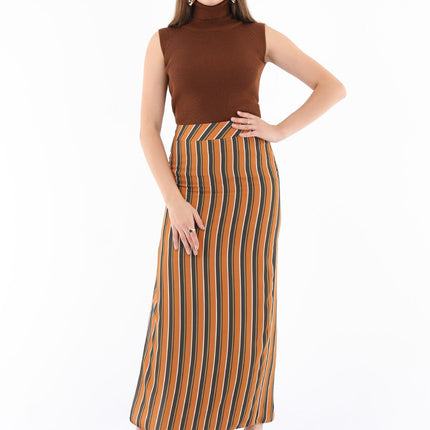 Striped Mustard Maxi Pencil Skirt with White Thin Plisse Slit - G - Line