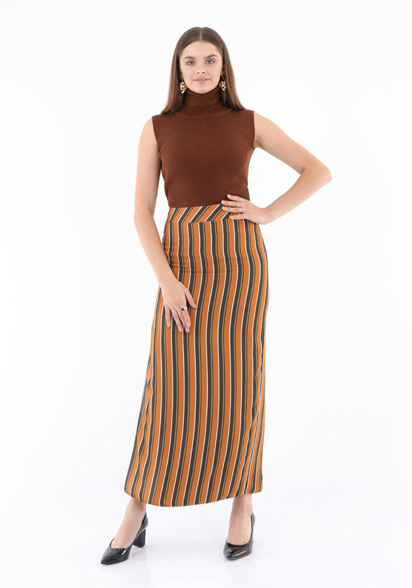 Striped Mustard Maxi Pencil Skirt with White Thin Plisse Slit - G - Line