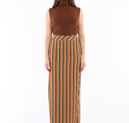 Striped Mustard Maxi Pencil Skirt with White Thin Plisse Slit - G - Line