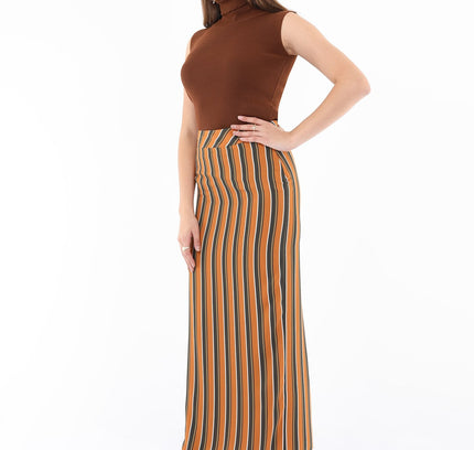 Striped Mustard Maxi Pencil Skirt with White Thin Plisse Slit - G - Line