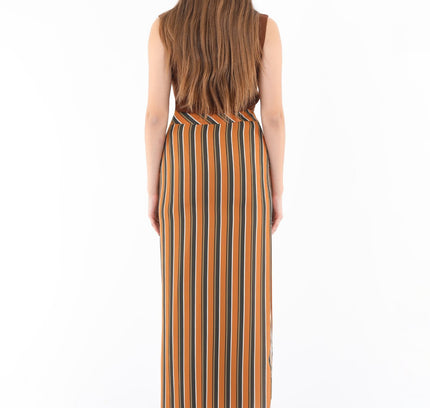 Striped Mustard Maxi Pencil Skirt with White Thin Plisse Slit - G - Line