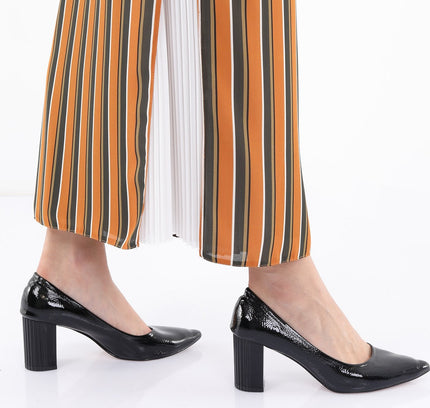 Striped Mustard Maxi Pencil Skirt with White Thin Plisse Slit - G - Line