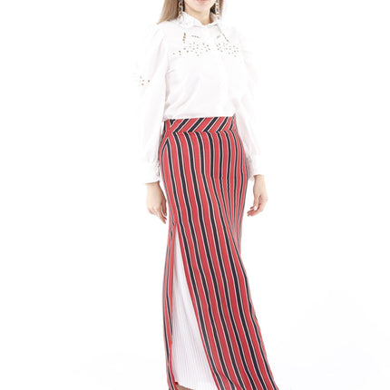 Striped Red Maxi Pencil Skirt with White Thin Plisse Slit - G - Line