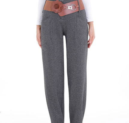 Tapered Herringbone Patterned Pants with Leather Floral Belt - G - Line