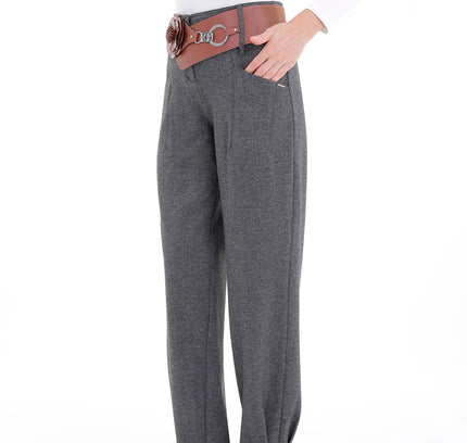 Tapered Herringbone Patterned Pants with Leather Floral Belt - G - Line