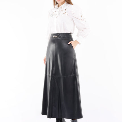 Vegan Leather Maxi Black Skirt with Pockets and Metal Accessories Around Waist - G - Line