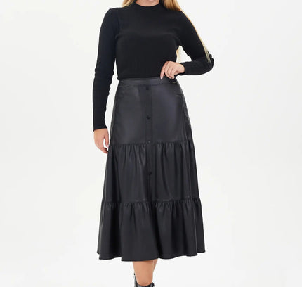 Vegan Leather Midi Skirt with Button Details and Pockets - G - Line