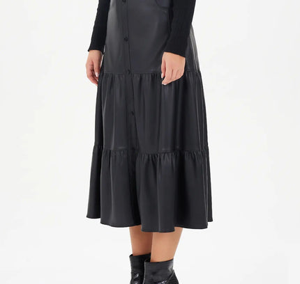 Vegan Leather Midi Skirt with Button Details and Pockets - G - Line