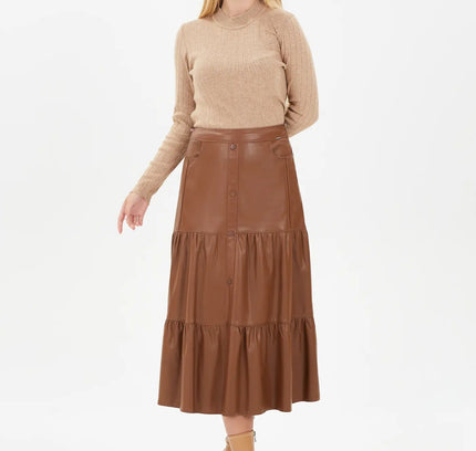 Vegan Leather Midi Skirt with Button Details and Pockets - G - Line