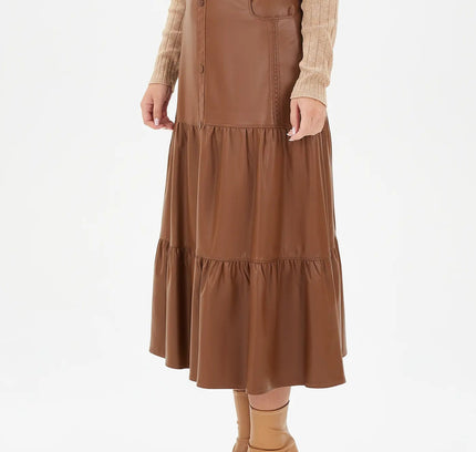 Vegan Leather Midi Skirt with Button Details and Pockets - G - Line