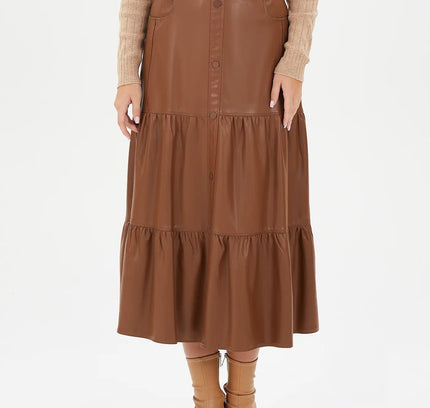 Vegan Leather Midi Skirt with Button Details and Pockets - G - Line