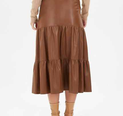 Vegan Leather Midi Skirt with Button Details and Pockets - G - Line