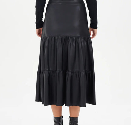 Vegan Leather Midi Skirt with Button Details and Pockets - G - Line