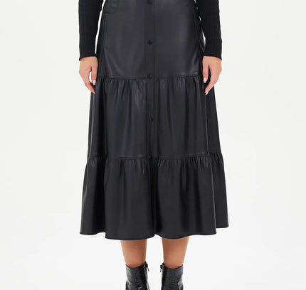 Vegan Leather Midi Skirt with Button Details and Pockets - G - Line