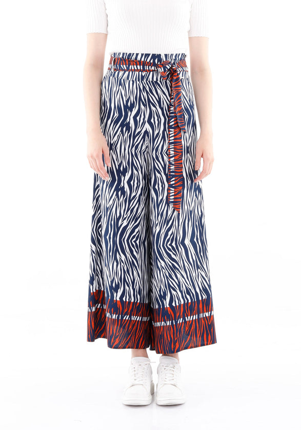 Wheel Tiger Pattern Palazzo Pants with Pockets and Belt - G - Line
