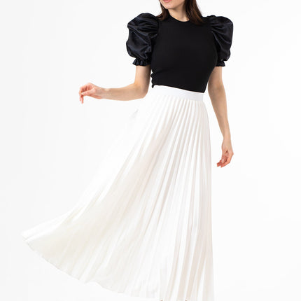 White Pleated Maxi Skirt Elastic Waist Band Ankle Length Plisse Skirt - G - Line