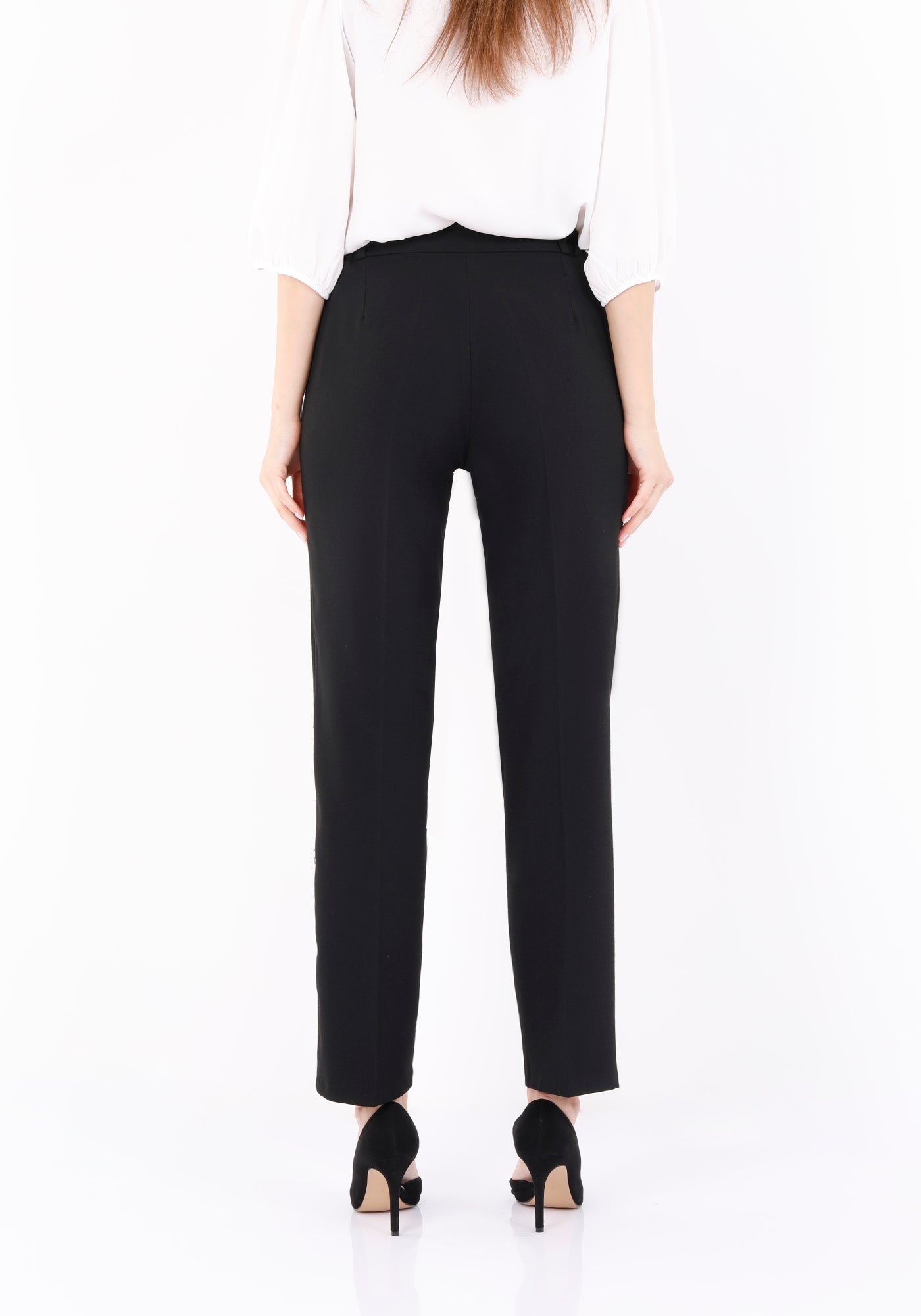 Straight Black Pants for Women with Elastic Waistband and Zipper Combined G-Line