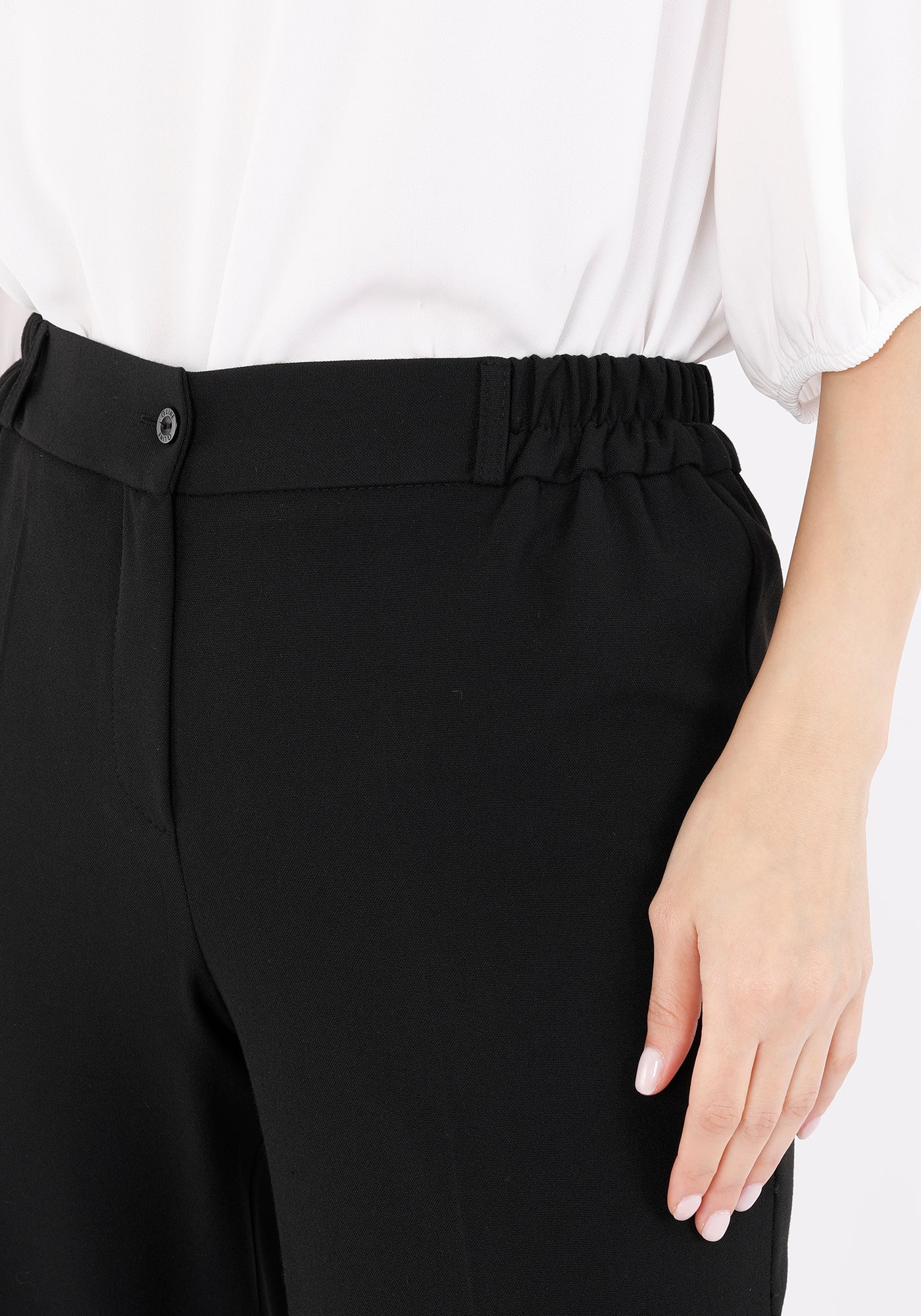 Straight Black Pants for Women with Elastic Waistband and Zipper Combined G-Line