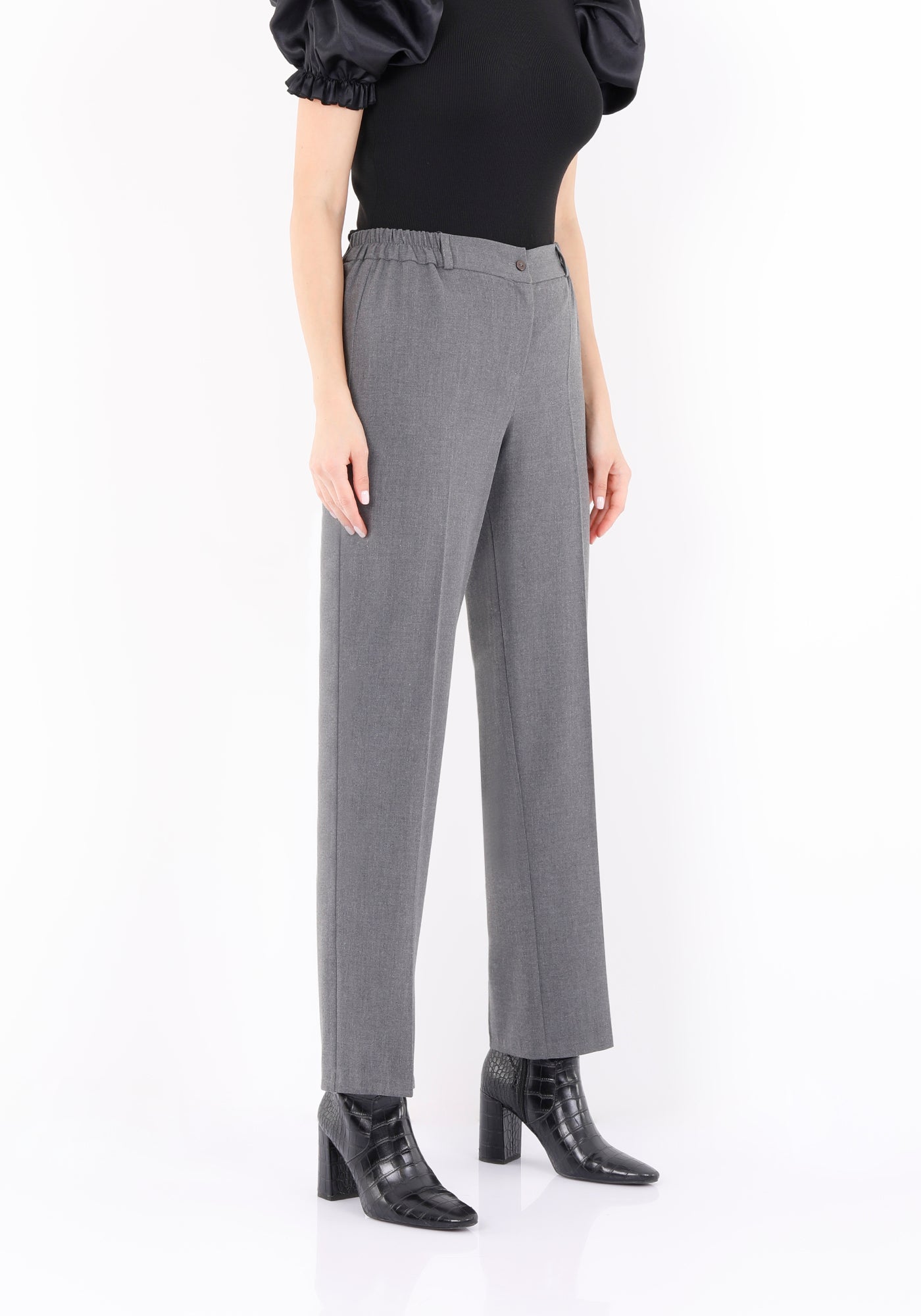Straight Grey Pants for Women with Elastic Waistband and Zipper Combined G-Line