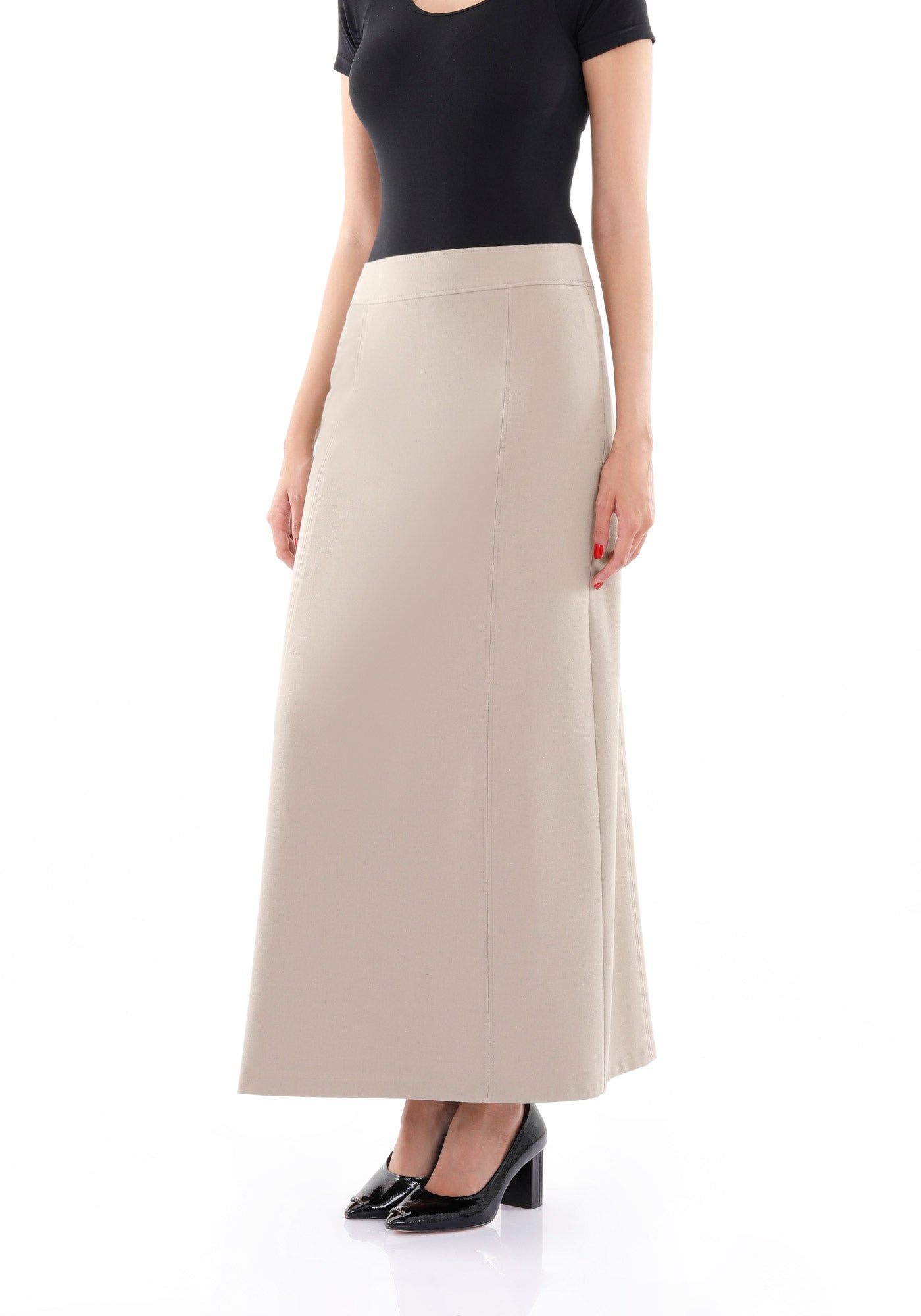 Beige Solid Fabric Flat Front Modest Maxi Skirt G-Line