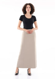 Beige Solid Fabric Flat Front Modest Maxi Skirt