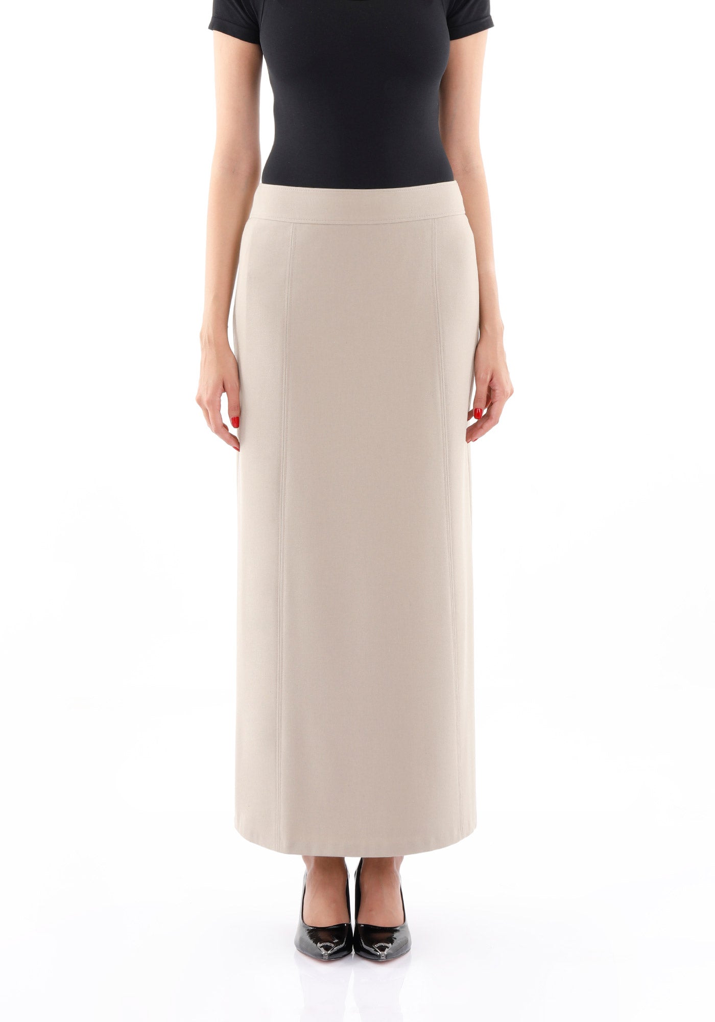 Beige Solid Fabric Flat Front Modest Maxi Skirt G-Line