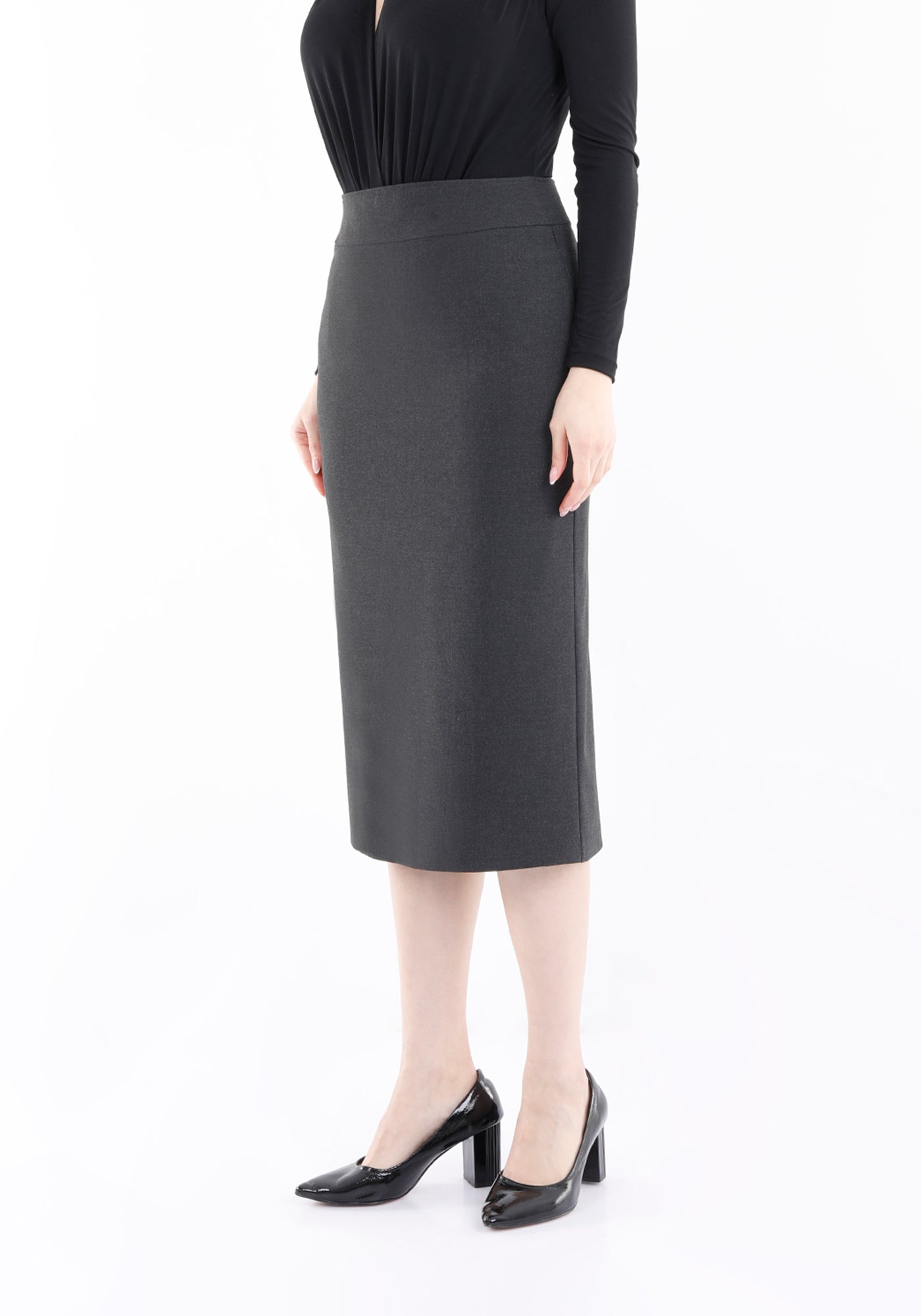 Charcoal Back Vented Midi Pencil Skirt G-Line