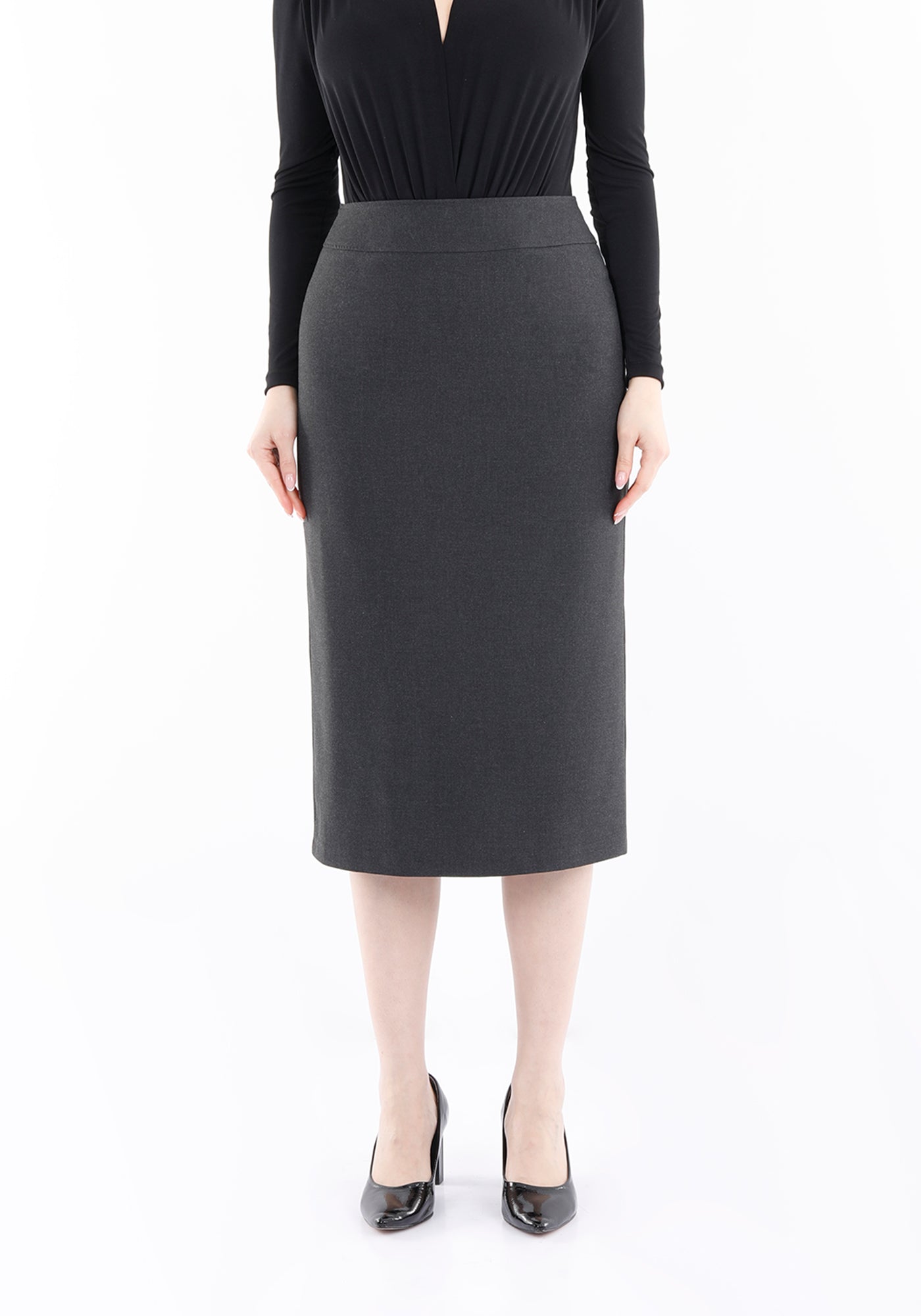 Charcoal Back Vented Midi Pencil Skirt G-Line