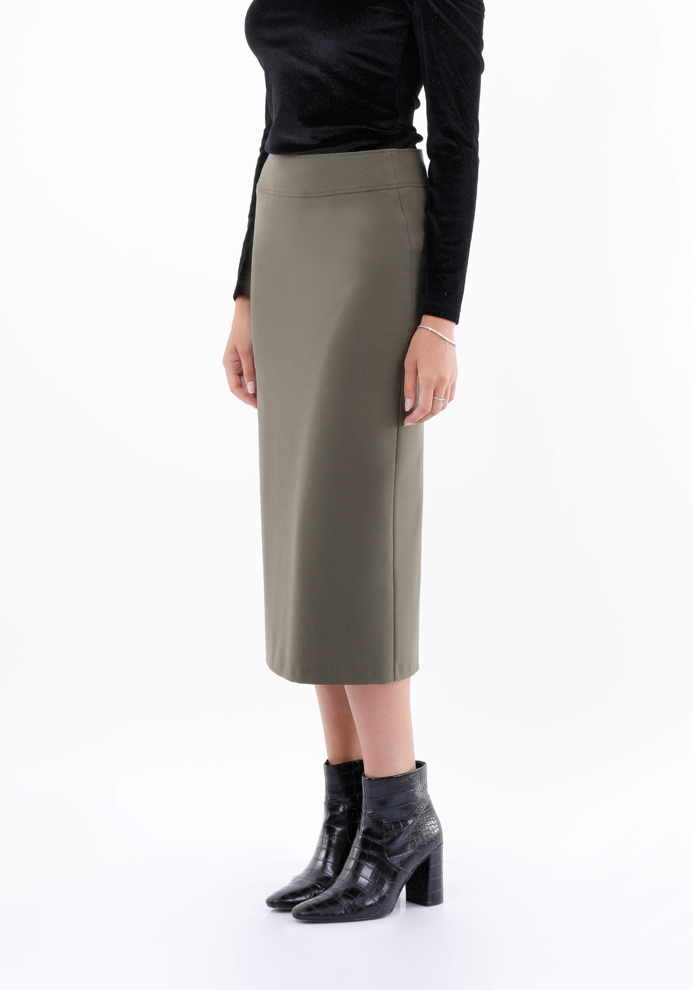 Almond Green Back Vented Midi Pencil Skirt for Women G-Line
