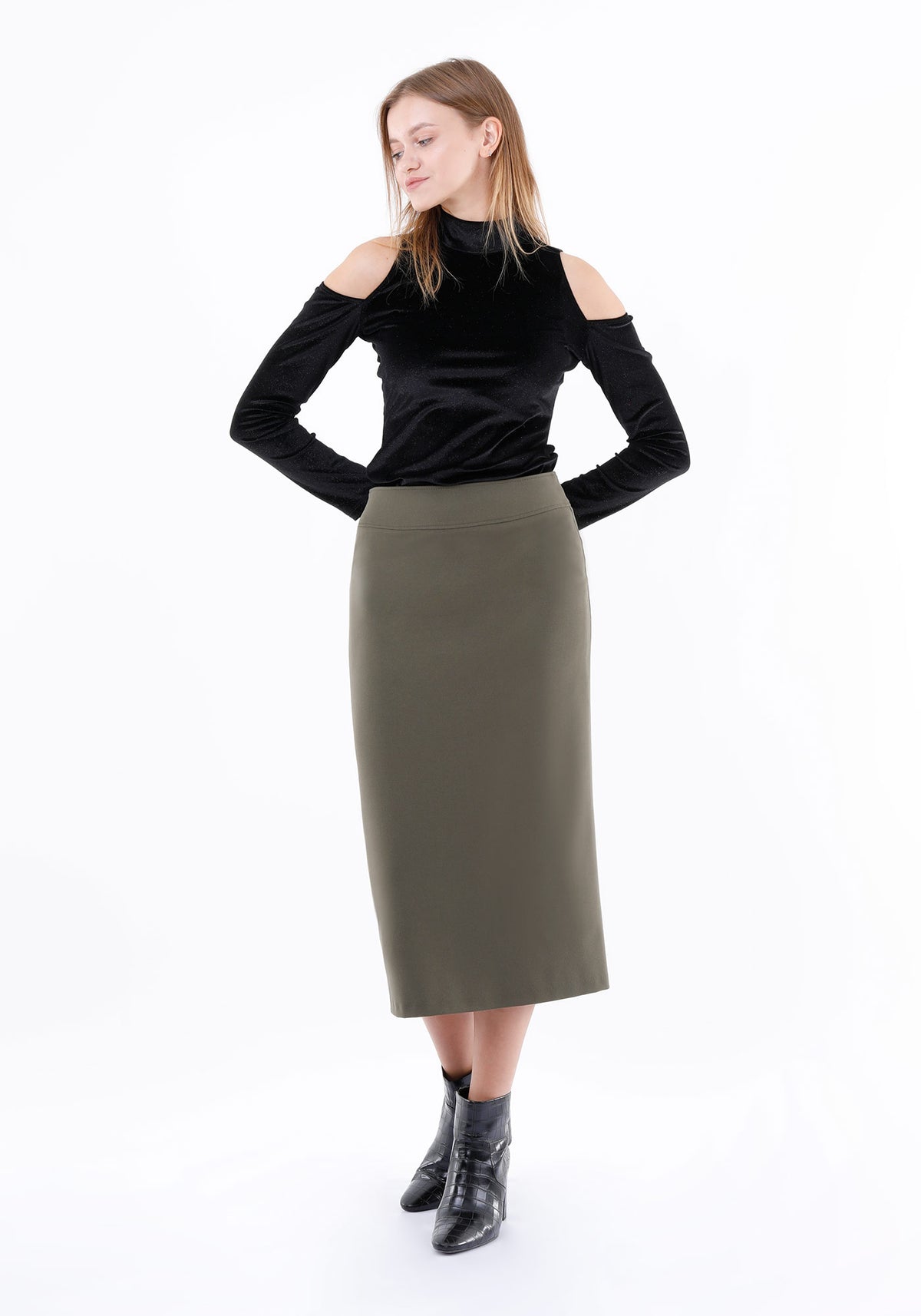 Almond Green Back Vented Midi Pencil Skirt G-Line