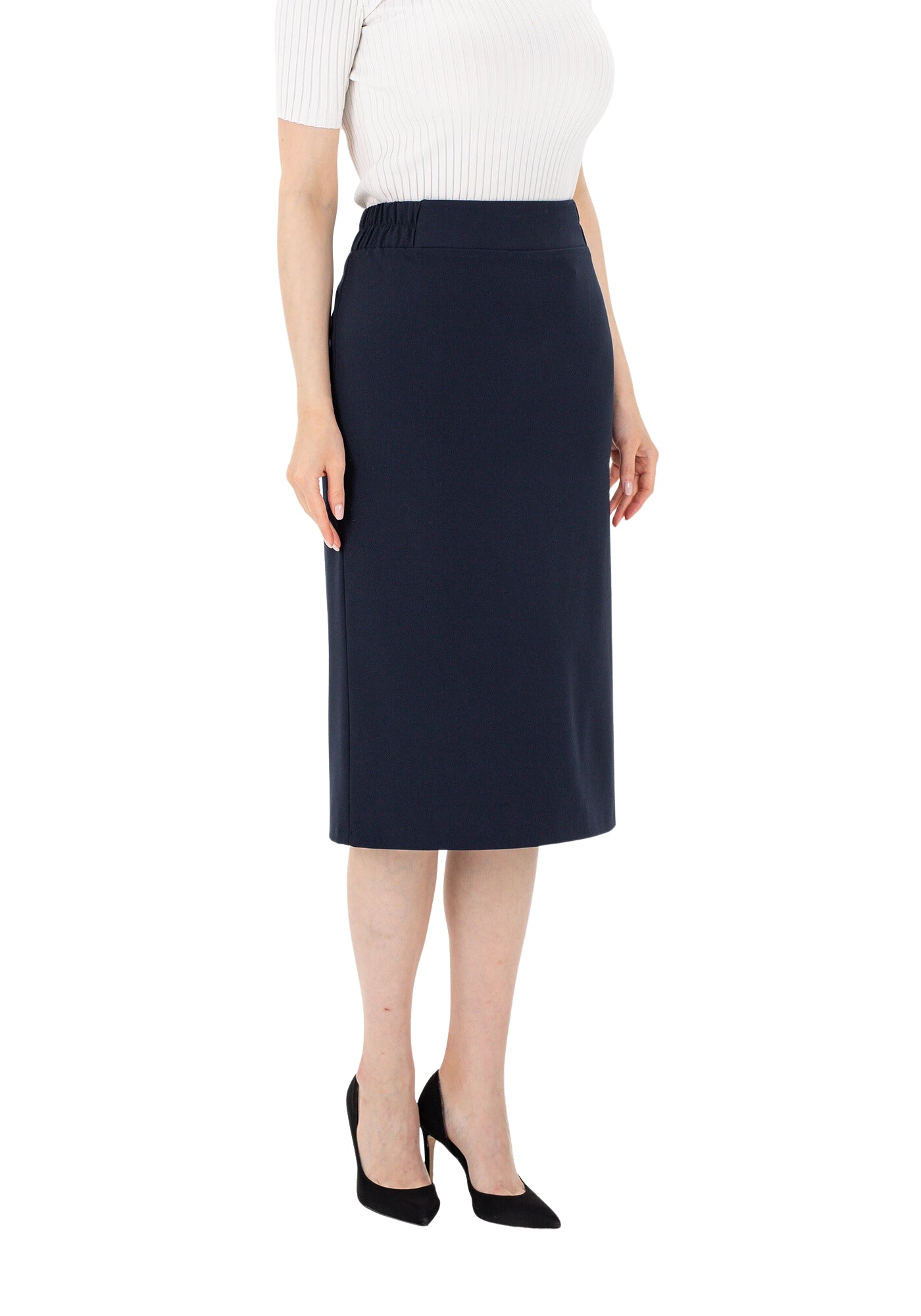 Midi Pencil Skirt with Elastic Waist and Closed Back Vent G-Line