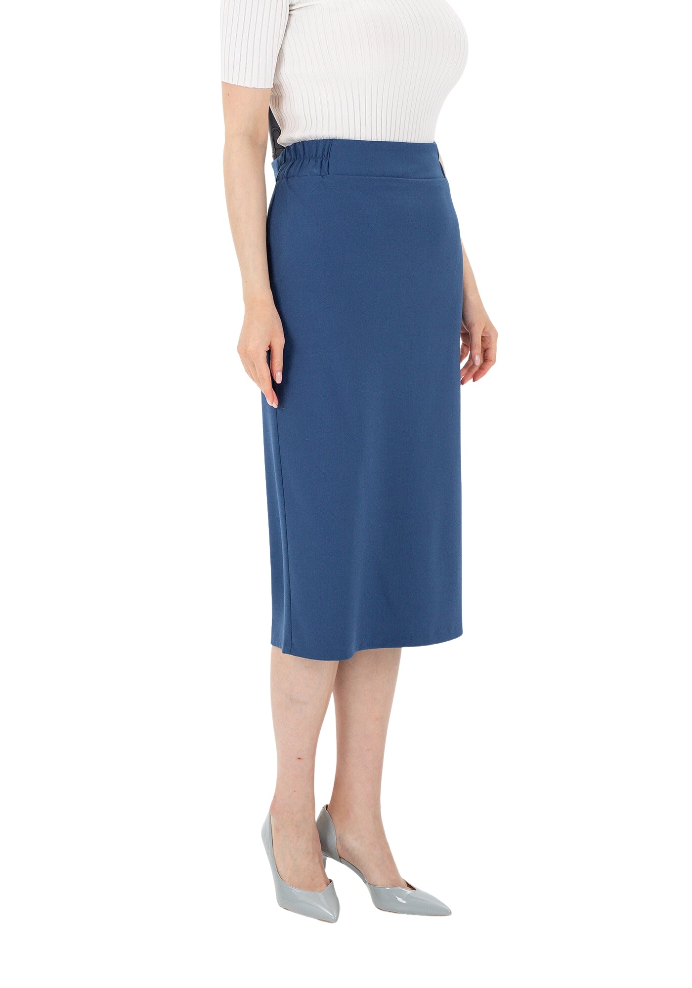 Midi Pencil Skirt with Elastic Waist and Closed Back Vent G-Line