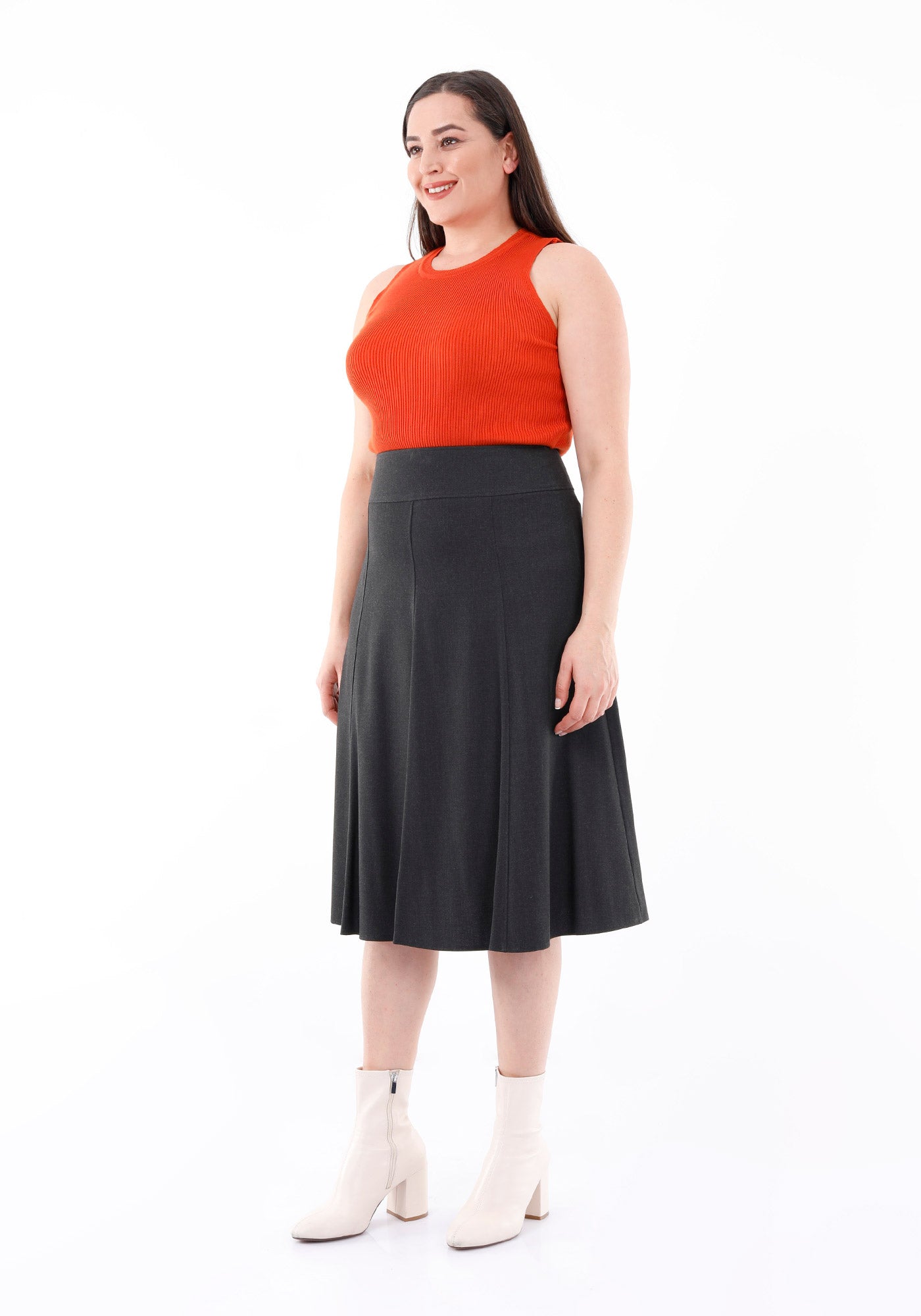 Charcoal Eight Gore Calf Length Midi Skirt for Every Occasion G-Line