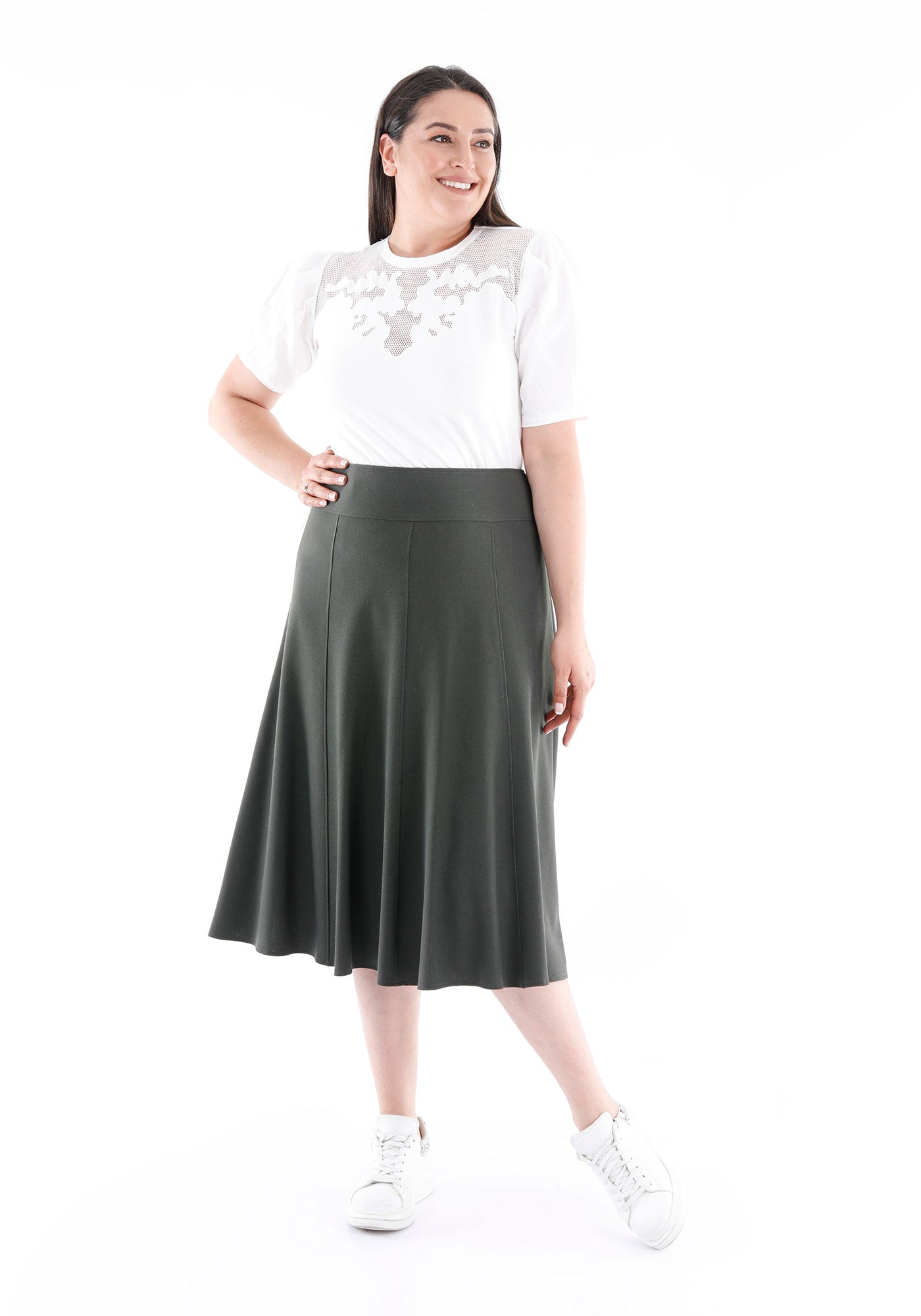 Khaki Eight Gore Calf Length Midi Skirt for Every Occasion G-Line