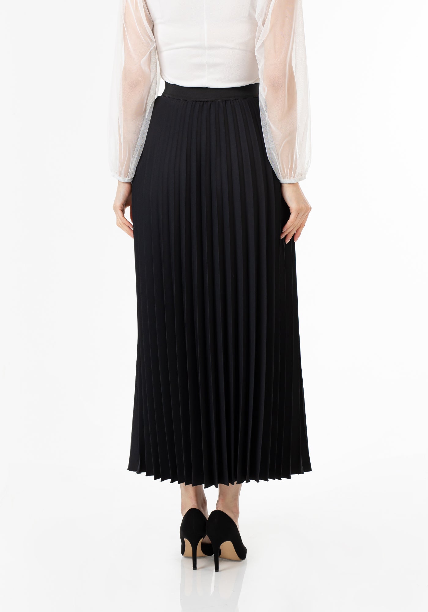 Pleated Maxi Skirt Elastic Waist Band Ankle Length Plisse Skirt G-Line