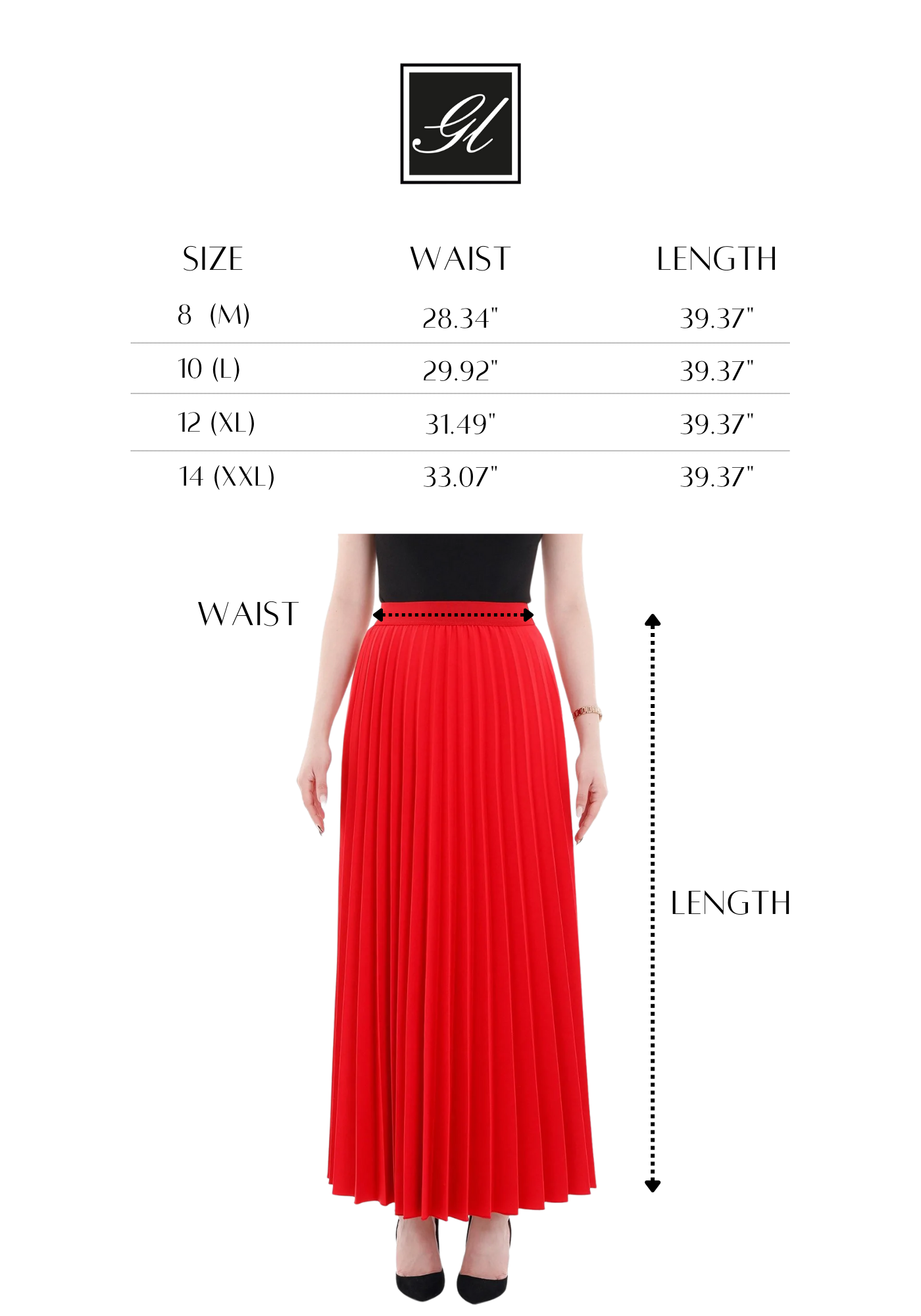 Red Pleated Maxi Skirt Elastic Waist Band Ankle Length Skirt G-Line