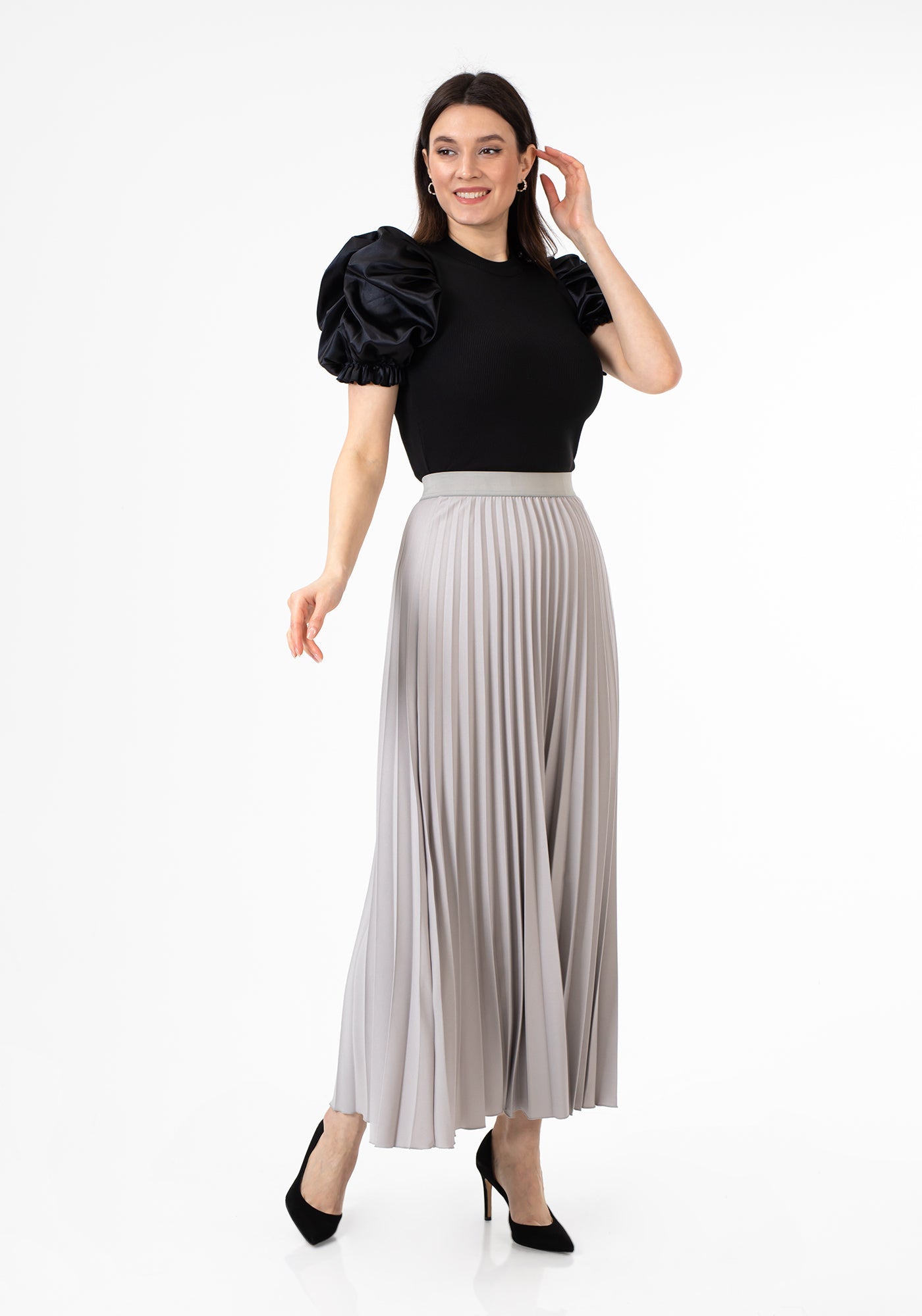 Pleated Maxi Skirt Elastic Wais