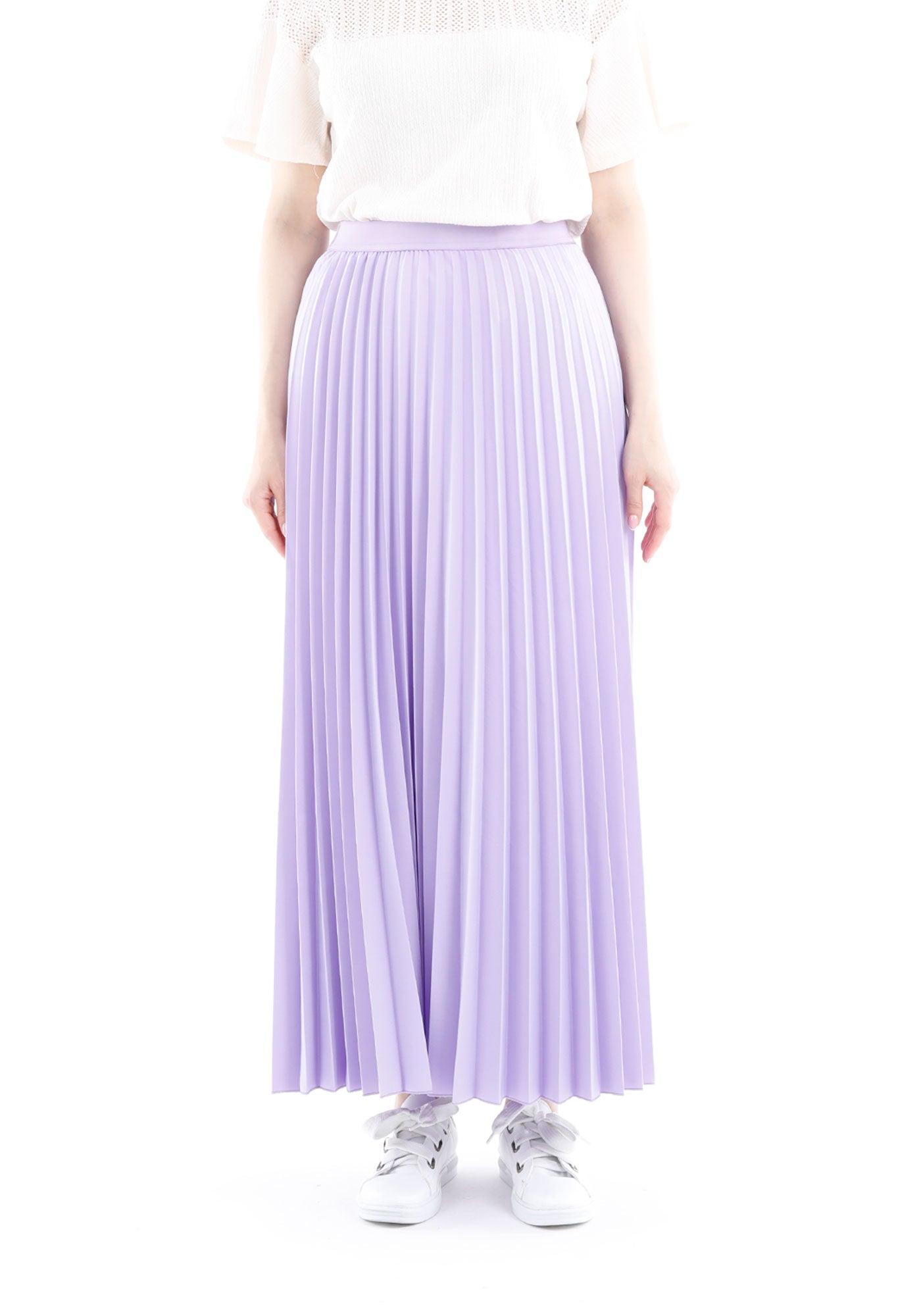 Lilac Pleated Maxi Skirt Elastic Waist Band Ankle Length Skirt G-Line