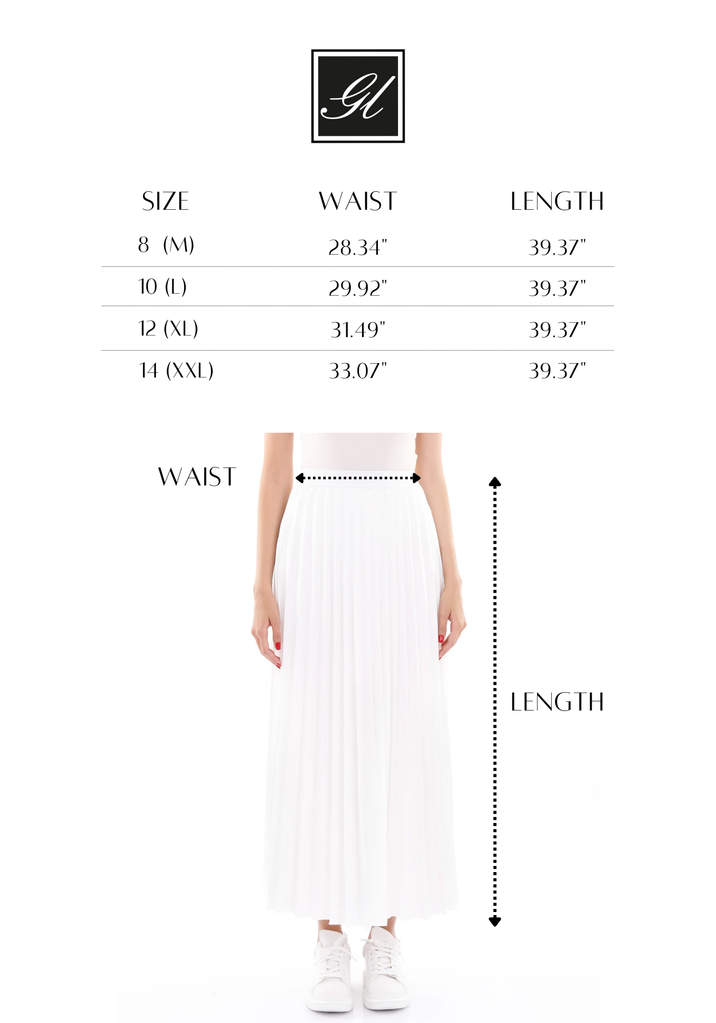 White Pleated Maxi Skirt Elastic Waist Band Ankle Length Skirt G-Line