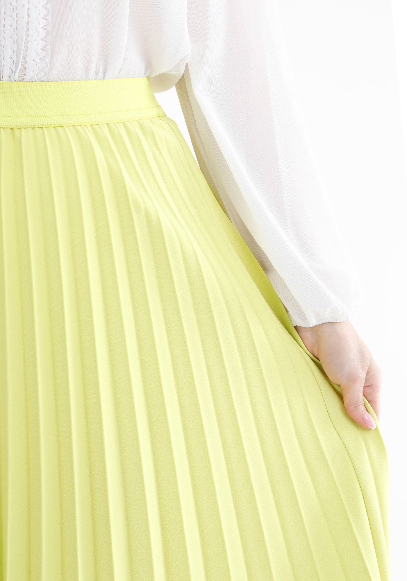 Pistachio Green Pleated Maxi Skirt Elastic Waist Band Ankle Length Skirt Glinetex