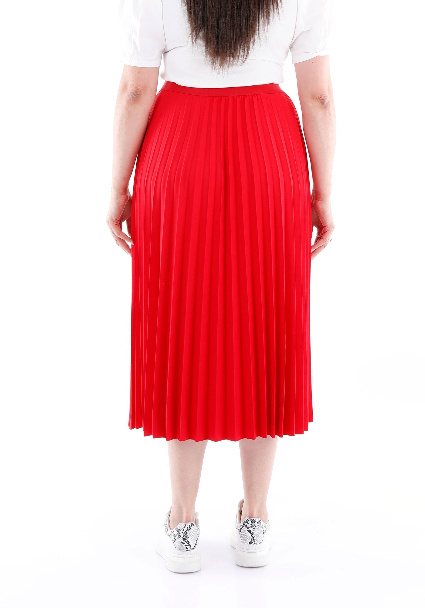 Red Oversized Accordion Plise Midi Pleated Skirt G-Line