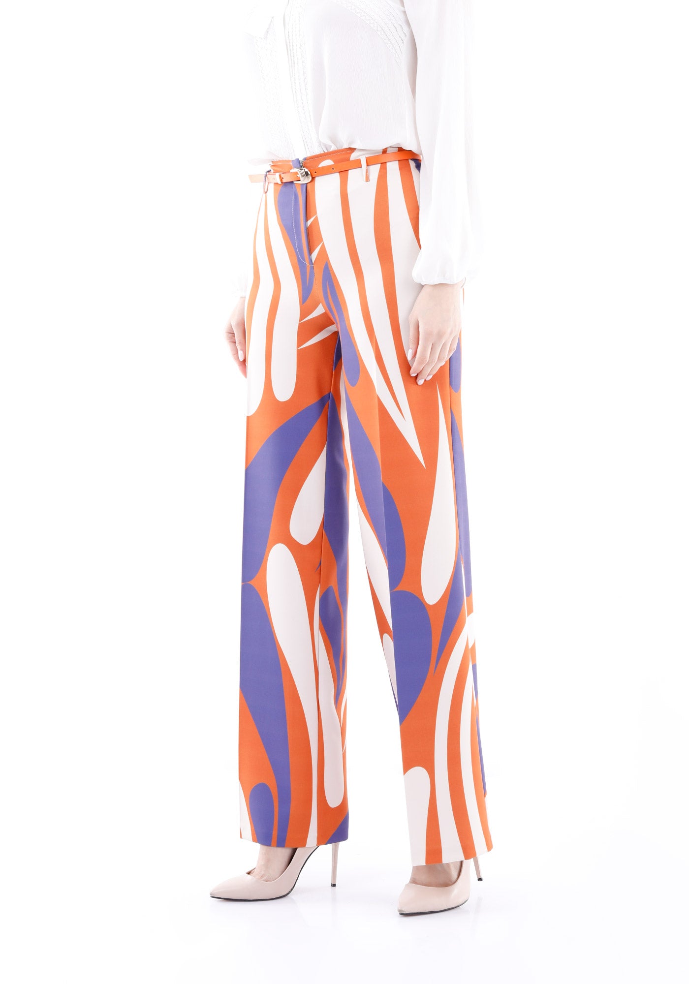Guzella Orange Patterned Wide-Leg High-Waist Women's Pants with Belt Guzella