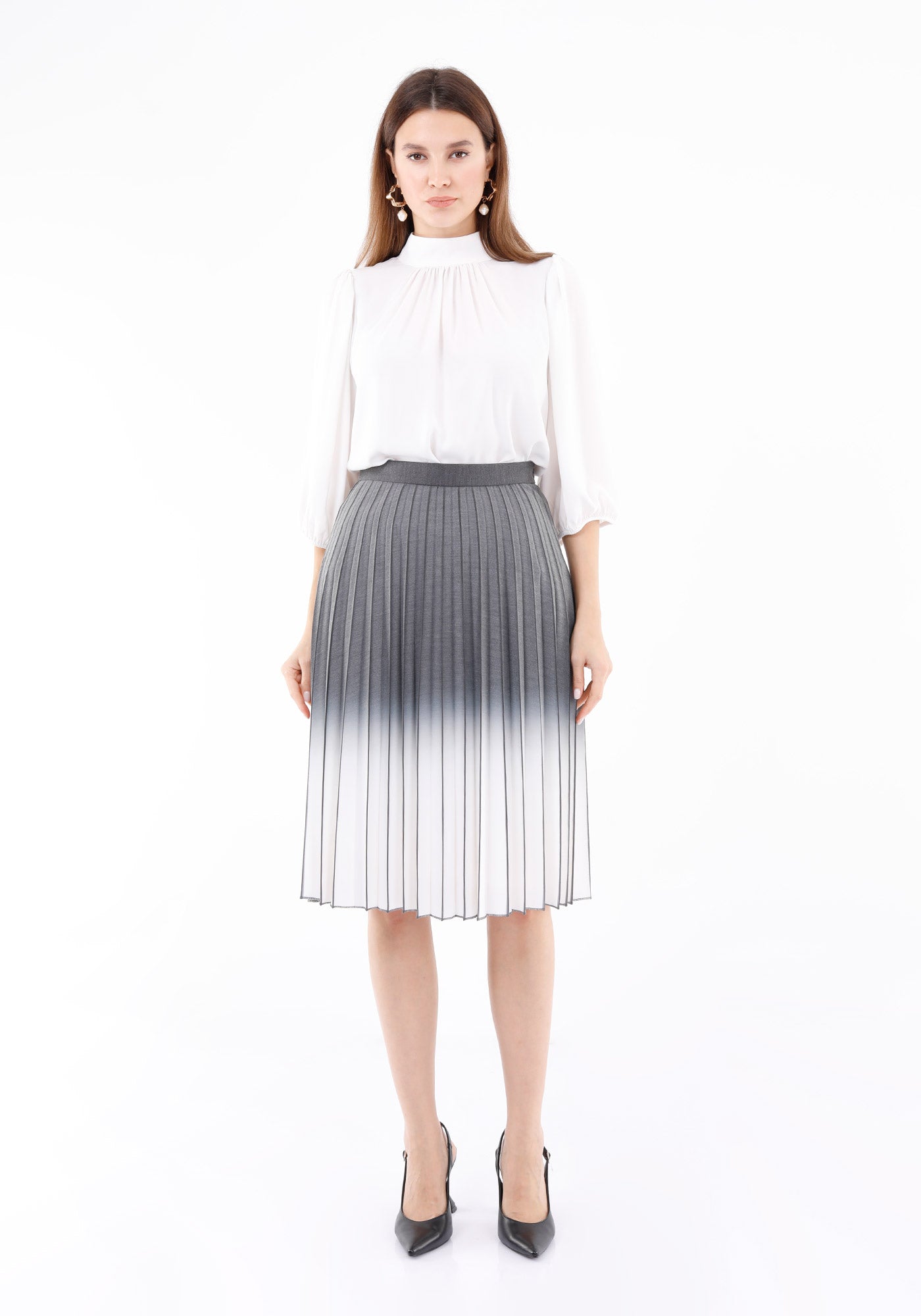 Guzella Grey-White High Waist Plisse Pleated Midi Skirt Guzella