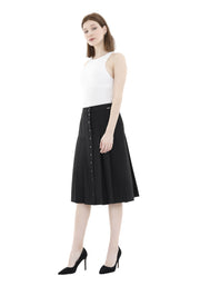 Guzella Vintage una línea falda midi plisada botón de cintura alta frontal (negro)