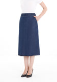 Guzella Navy Tencel A-Line Denim Midi Skirt with Knit Waistband Belt and Pockets Guzella